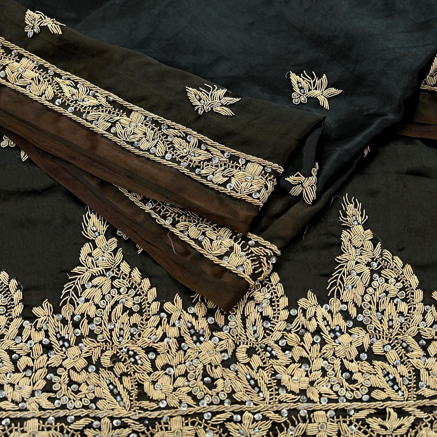 Indian Vintage Heavy Wedding Black & Brown Dupatta Pure Satin Silk Long Stole Hand Embroidered Scarves Golden Zardozi Veil