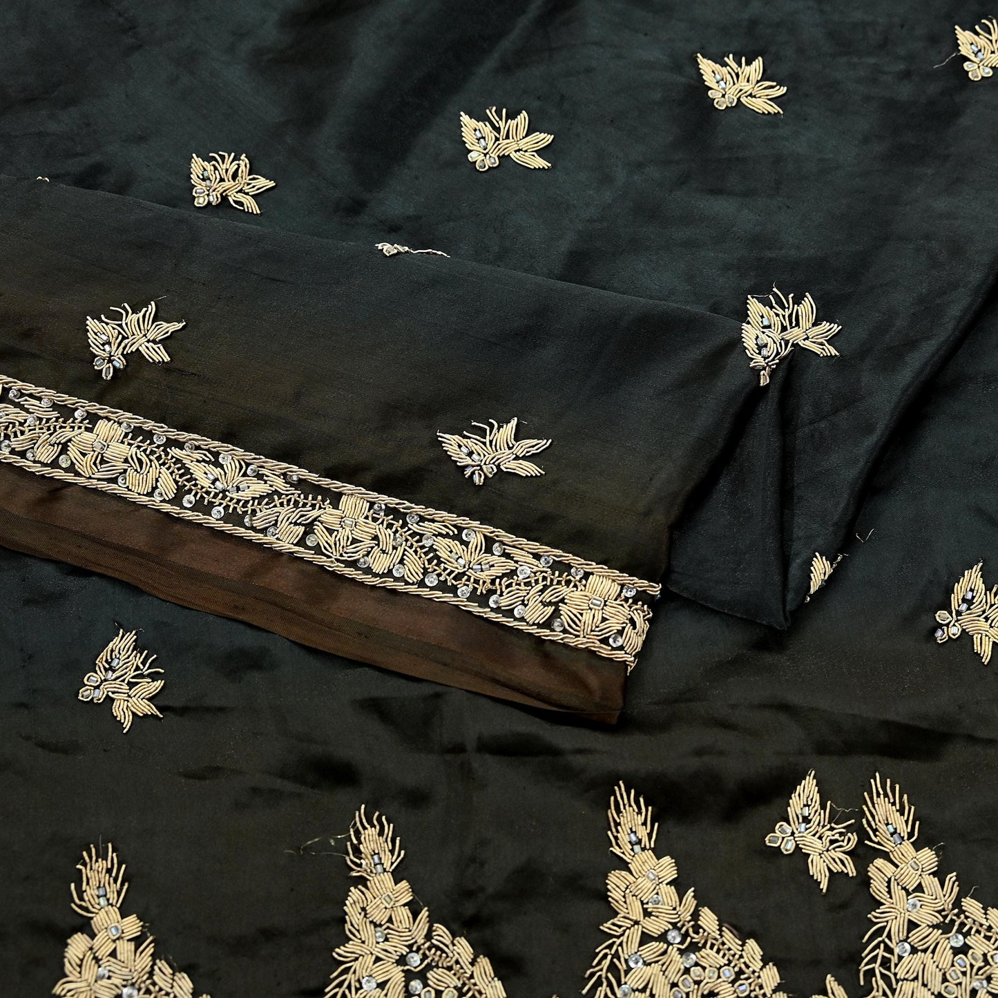 Indian Vintage Heavy Wedding Black & Brown Dupatta Pure Satin Silk Long Stole Hand Embroidered Scarves Golden Zardozi Veil