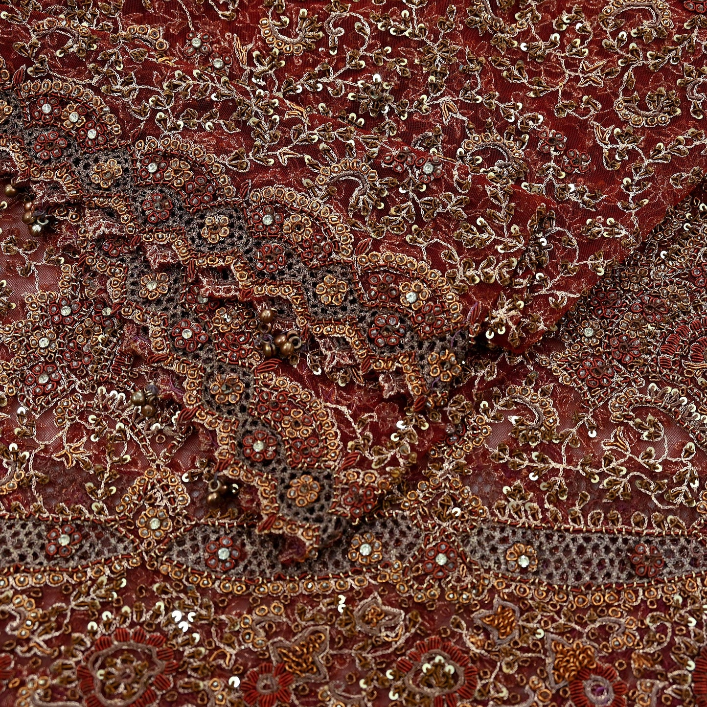 Indian Vintage Heavy Wedding Maroon Dupatta Net Mesh Long Stole Hand Embroidered Scarves Golden Zardozi Zari Sequins Dridal Veil Hijab