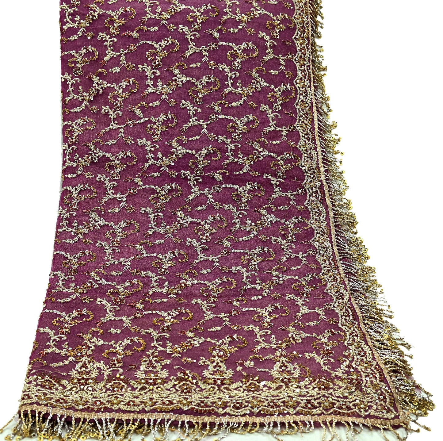Indian Vintage Heavy Purple Dupatta Net Mesh Long Stole Hand Embroidered Scarves Golden Zardozi Dabka Zari Bridal/Wedding Veil