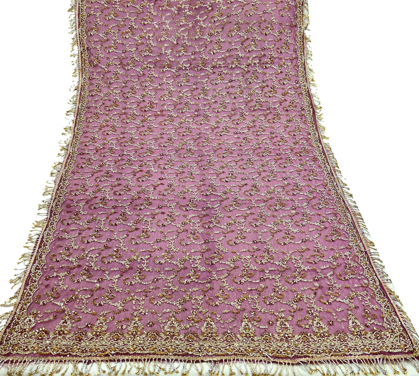 Indian Vintage Heavy Purple Dupatta Net Mesh Long Stole Hand Embroidered Scarves Golden Zardozi Dabka Zari Bridal/Wedding Veil