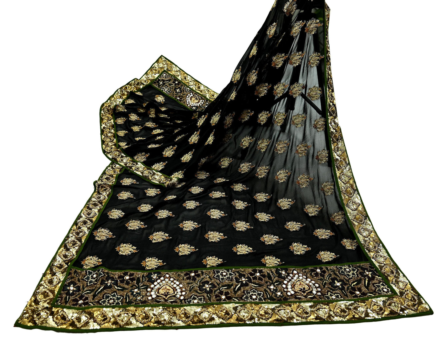 Indian Vintage Heavy Black Dupatta Pure Georgette Silk Long Stole Hand Embroidered Scarves Scarf Zari Zardozi Bridal/Wedding Veil Fringes
