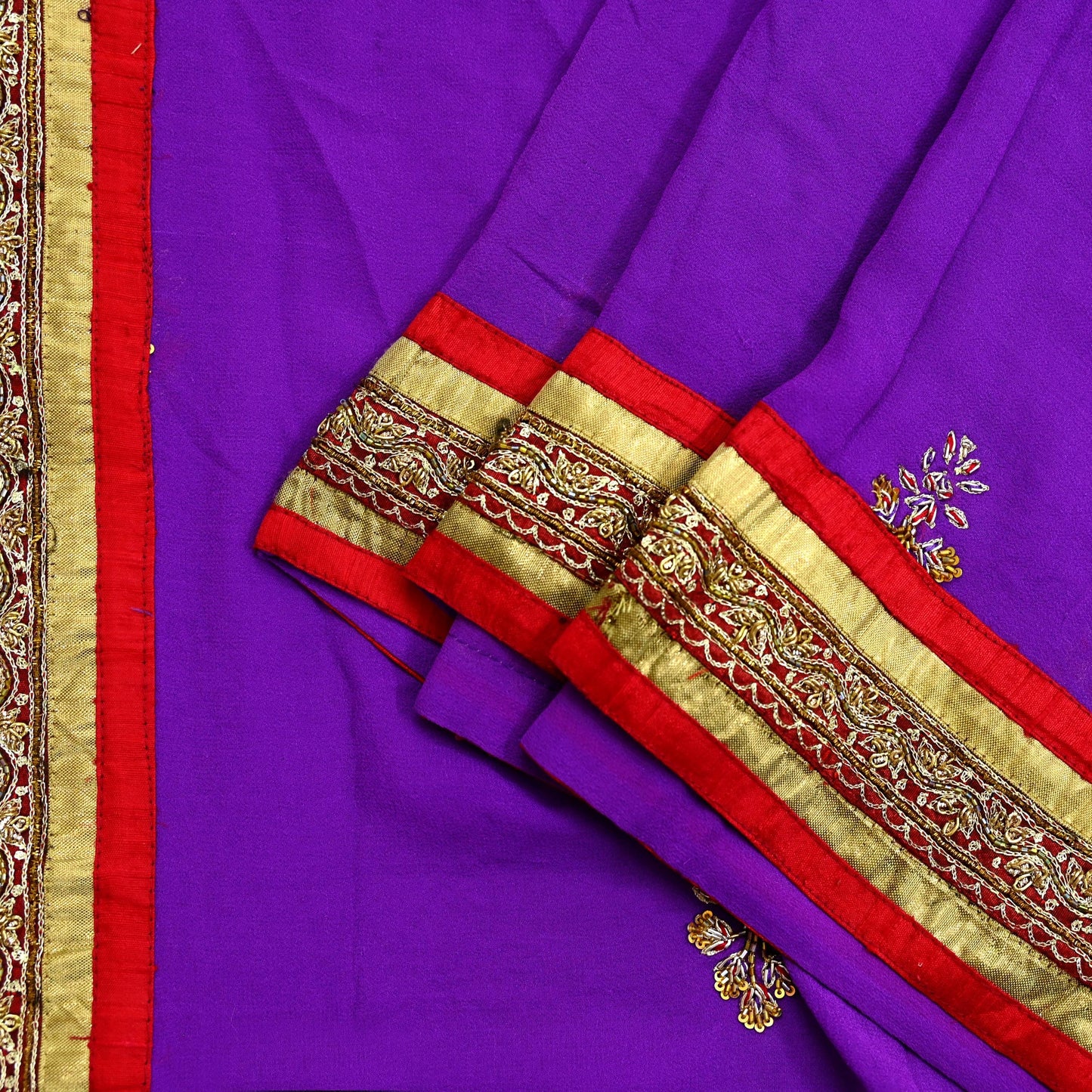 Indian Vintage Heavy Purple Dupatta Pure Georgette Silk Long Stole Hand Embroidered Scarves Zardozi