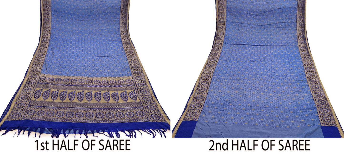 Indian Vintage Heavy Blue Saree Pure Silk Hand Woven Sari Craft Fabric 5Yd Sewing Soft Ethnic Zari Dress Making Wedding Sari