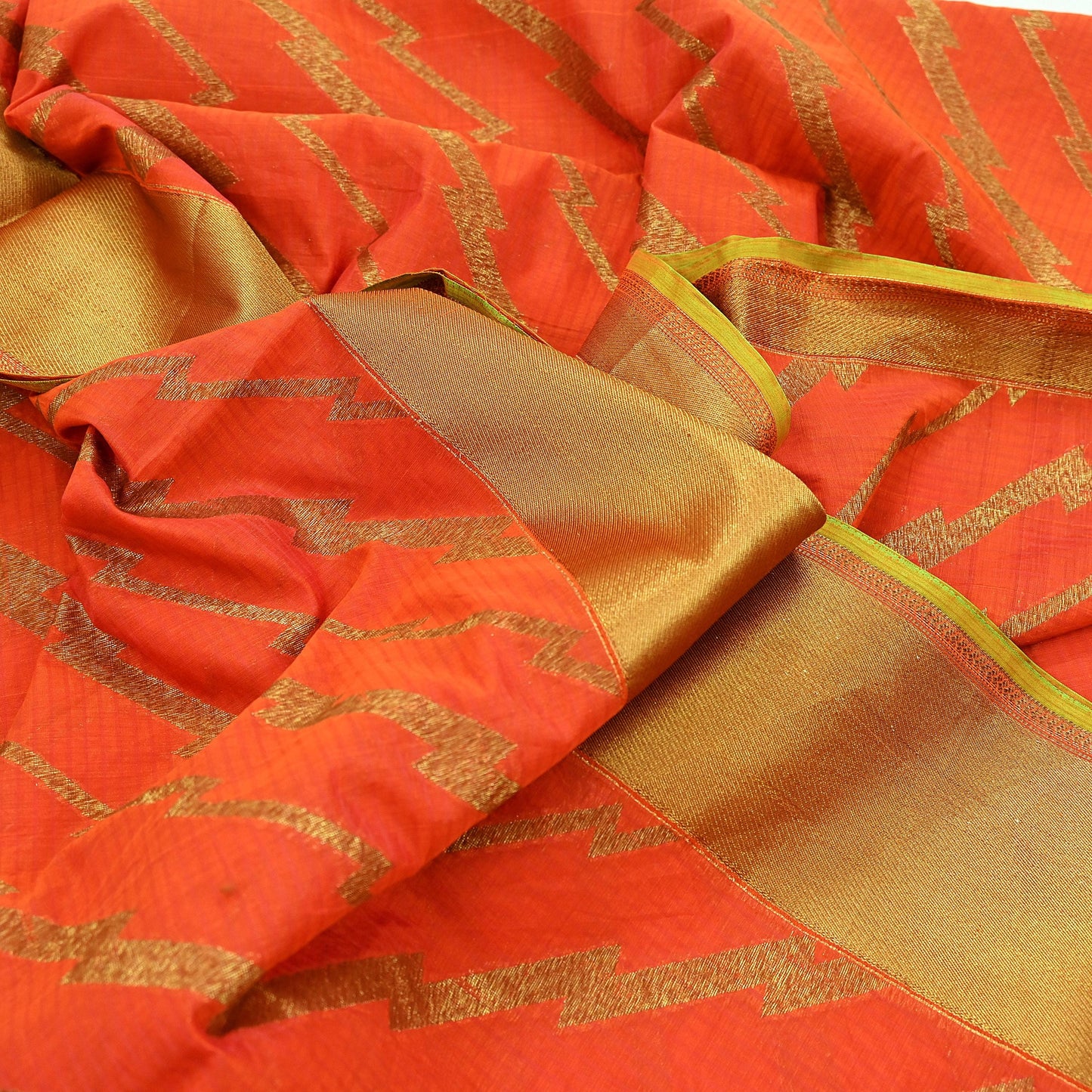 Indian Vintage Sari Orange Chanderi Cotton Hand Woven Sarees 5Yd Craft Fabric Sewing Sarong Dress Making Quilting Crafting Zari Border