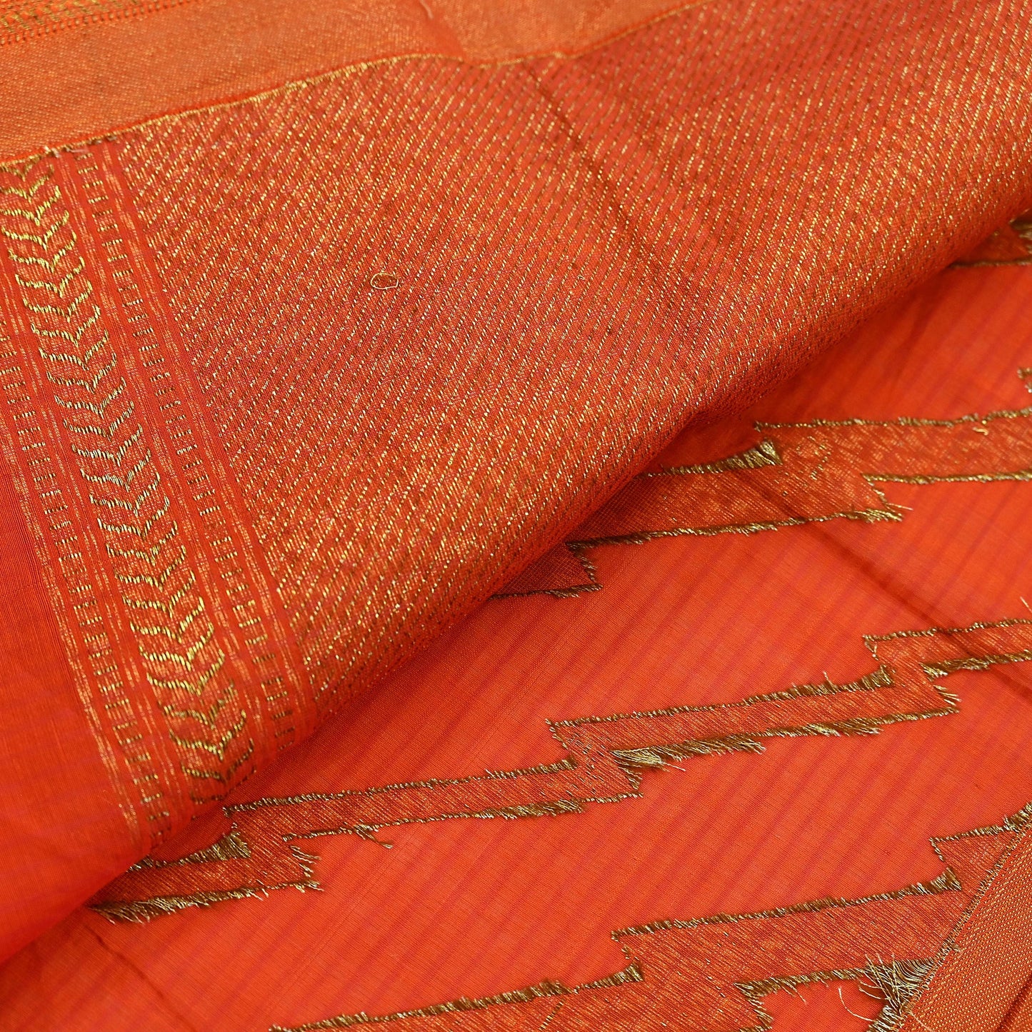 Indian Vintage Sari Orange Chanderi Cotton Hand Woven Sarees 5Yd Craft Fabric Sewing Sarong Dress Making Quilting Crafting Zari Border