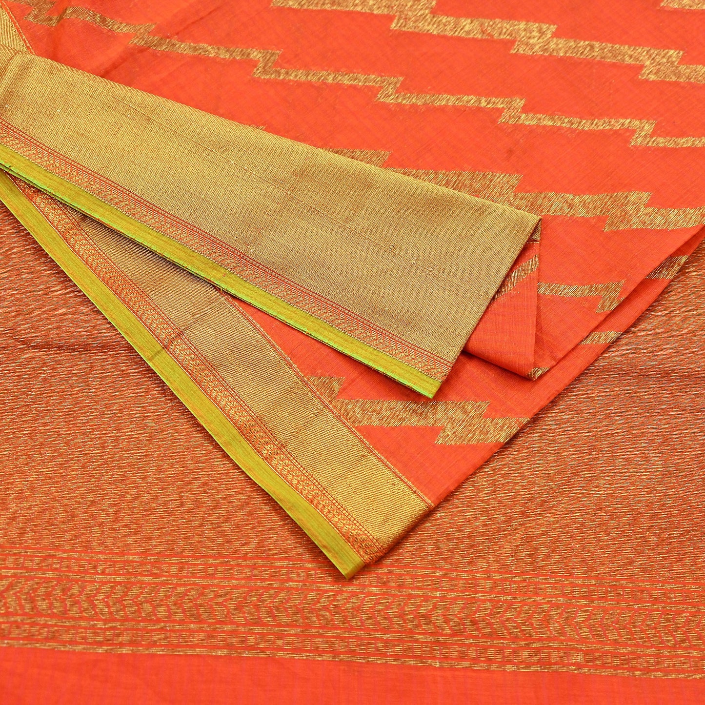 Indian Vintage Sari Orange Chanderi Cotton Hand Woven Sarees 5Yd Craft Fabric Sewing Sarong Dress Making Quilting Crafting Zari Border