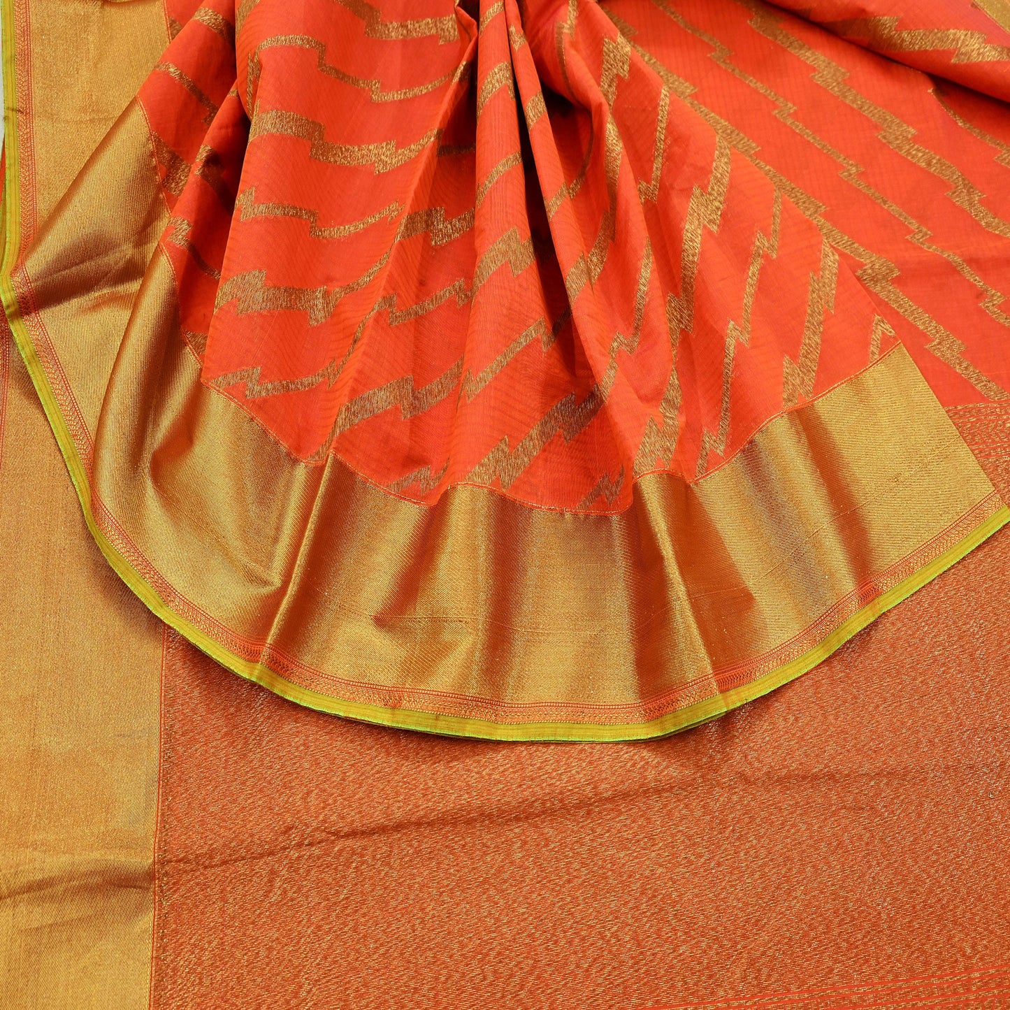 Indian Vintage Sari Orange Chanderi Cotton Hand Woven Sarees 5Yd Craft Fabric Sewing Sarong Dress Making Quilting Crafting Zari Border