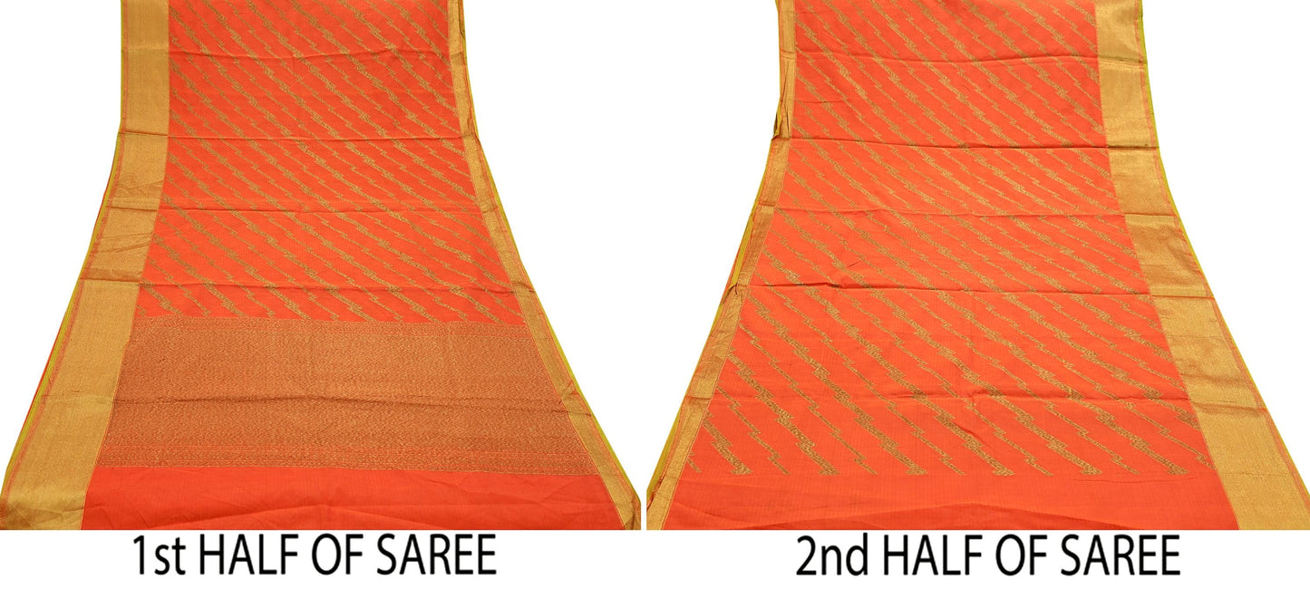 Indian Vintage Sari Orange Chanderi Cotton Hand Woven Sarees 5Yd Craft Fabric Sewing Sarong Dress Making Quilting Crafting Zari Border