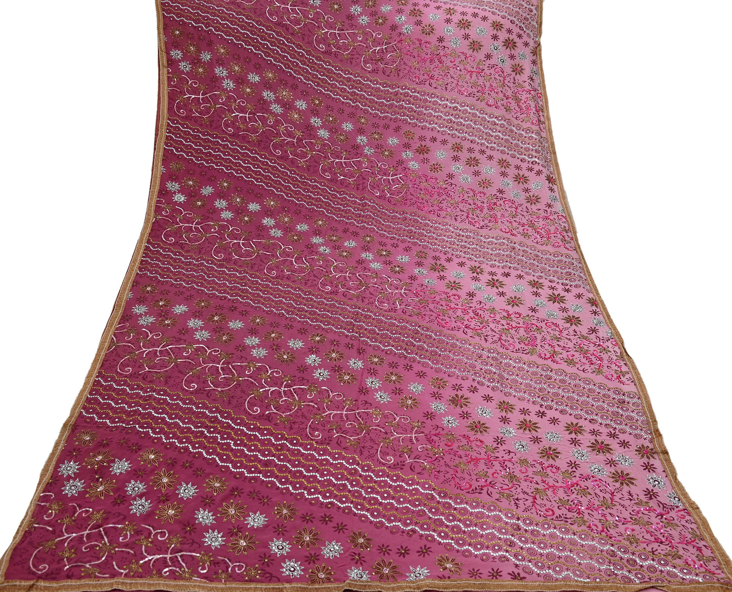 Indian Vintage Sari Pink Pure Georgette Silk Hand Embroidered Sarees Craft Fabric 6Yd Sewing Soft Ethnic Zardozi/Dabka,Zari Wedding Sarees