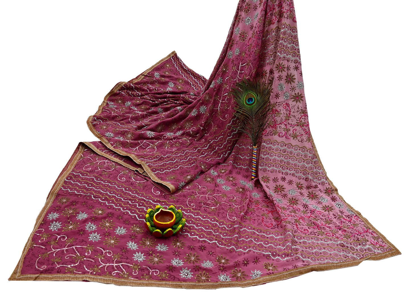 Indian Vintage Sari Pink Pure Georgette Silk Hand Embroidered Sarees Craft Fabric 6Yd Sewing Soft Ethnic Zardozi/Dabka,Zari Wedding Sarees