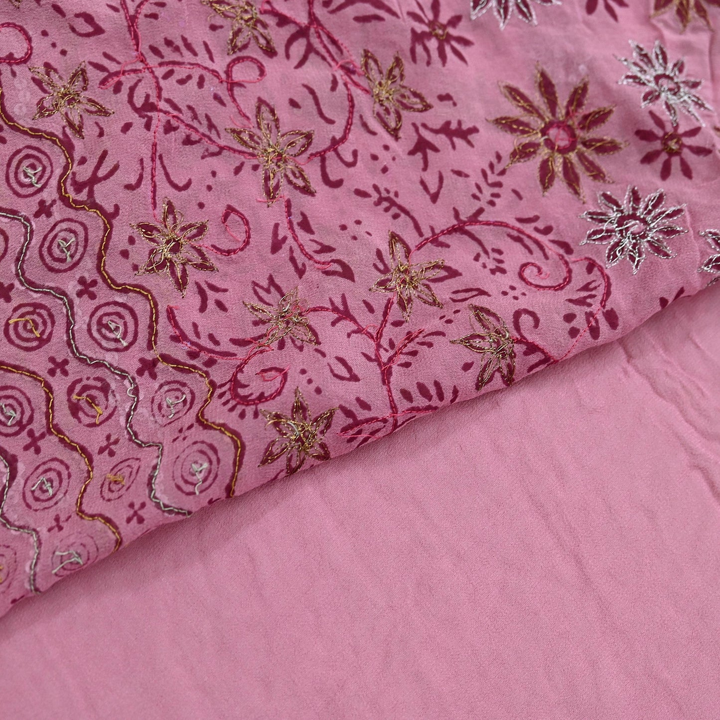 Indian Vintage Sari Pink Pure Georgette Silk Hand Embroidered Sarees Craft Fabric 6Yd Sewing Soft Ethnic Zardozi/Dabka,Zari Wedding Sarees