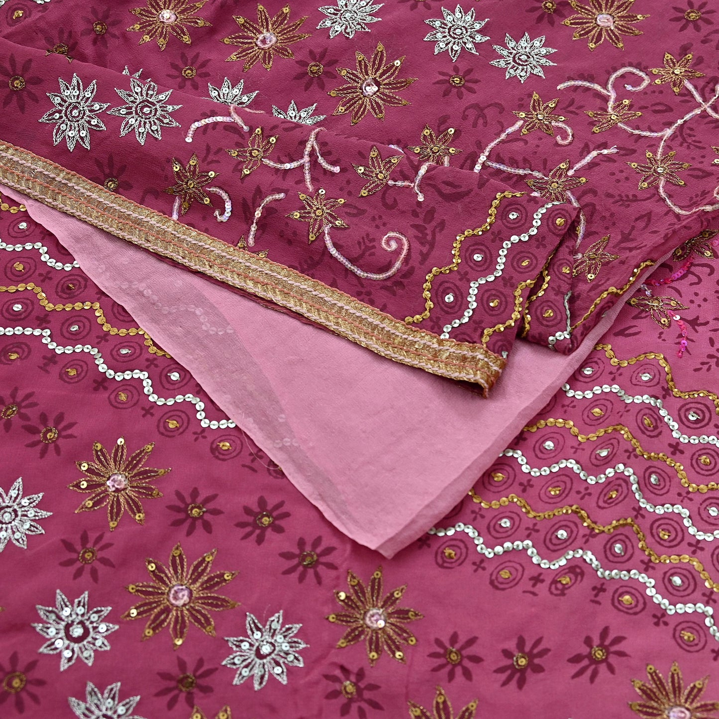 Indian Vintage Sari Pink Pure Georgette Silk Hand Embroidered Sarees Craft Fabric 6Yd Sewing Soft Ethnic Zardozi/Dabka,Zari Wedding Sarees