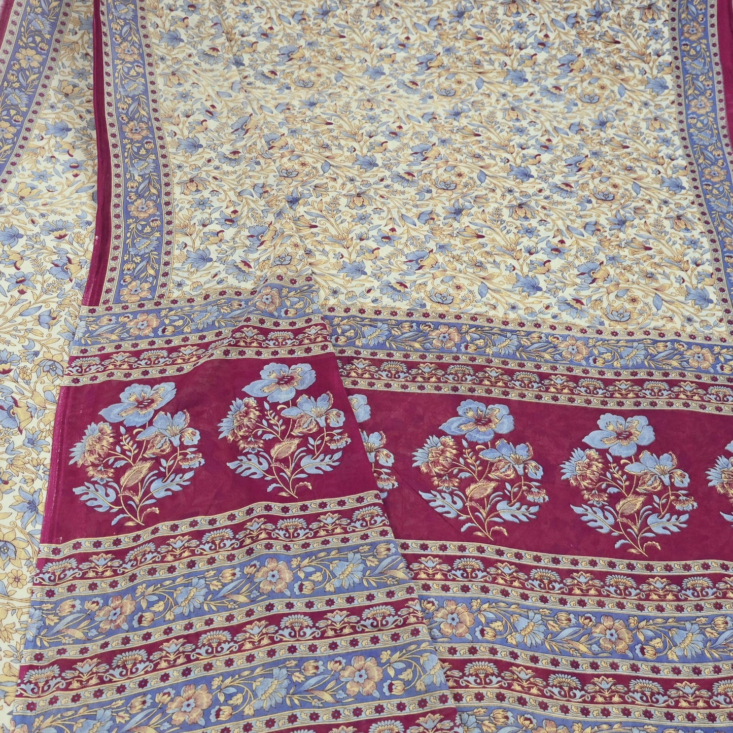 Indian Vintage Sari Ivory & Pink Printed Pure Cotton Saree Craft Fabric 5Yd Soft Sewing Sarong Wrap Boho Floral Dress making Crafting