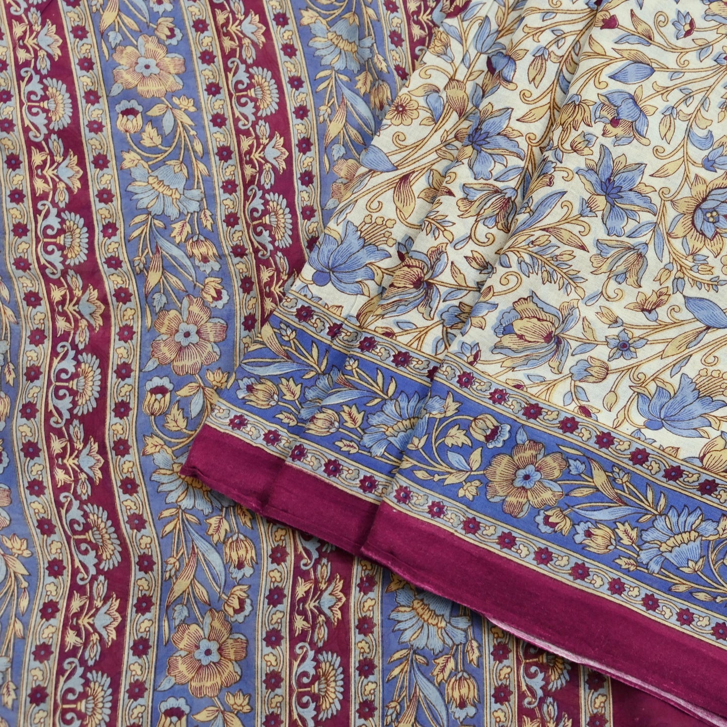 Indian Vintage Sari Ivory & Pink Printed Pure Cotton Saree Craft Fabric 5Yd Soft Sewing Sarong Wrap Boho Floral Dress making Crafting