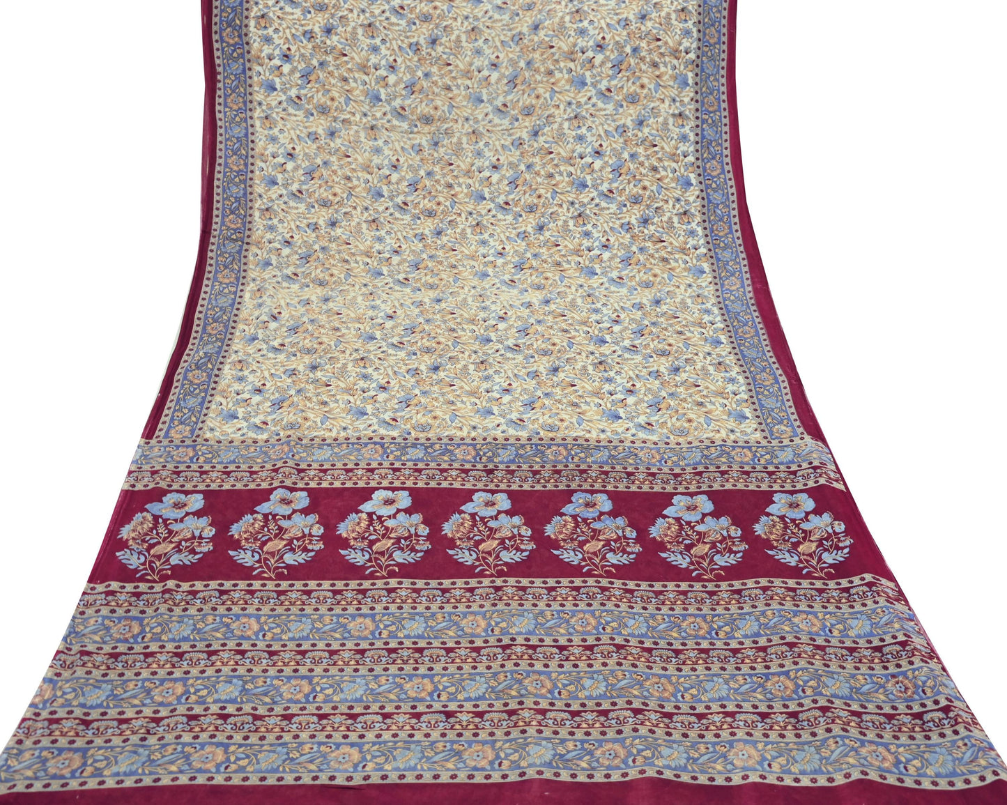 Indian Vintage Sari Ivory & Pink Printed Pure Cotton Saree Craft Fabric 5Yd Soft Sewing Sarong Wrap Boho Floral Dress making Crafting