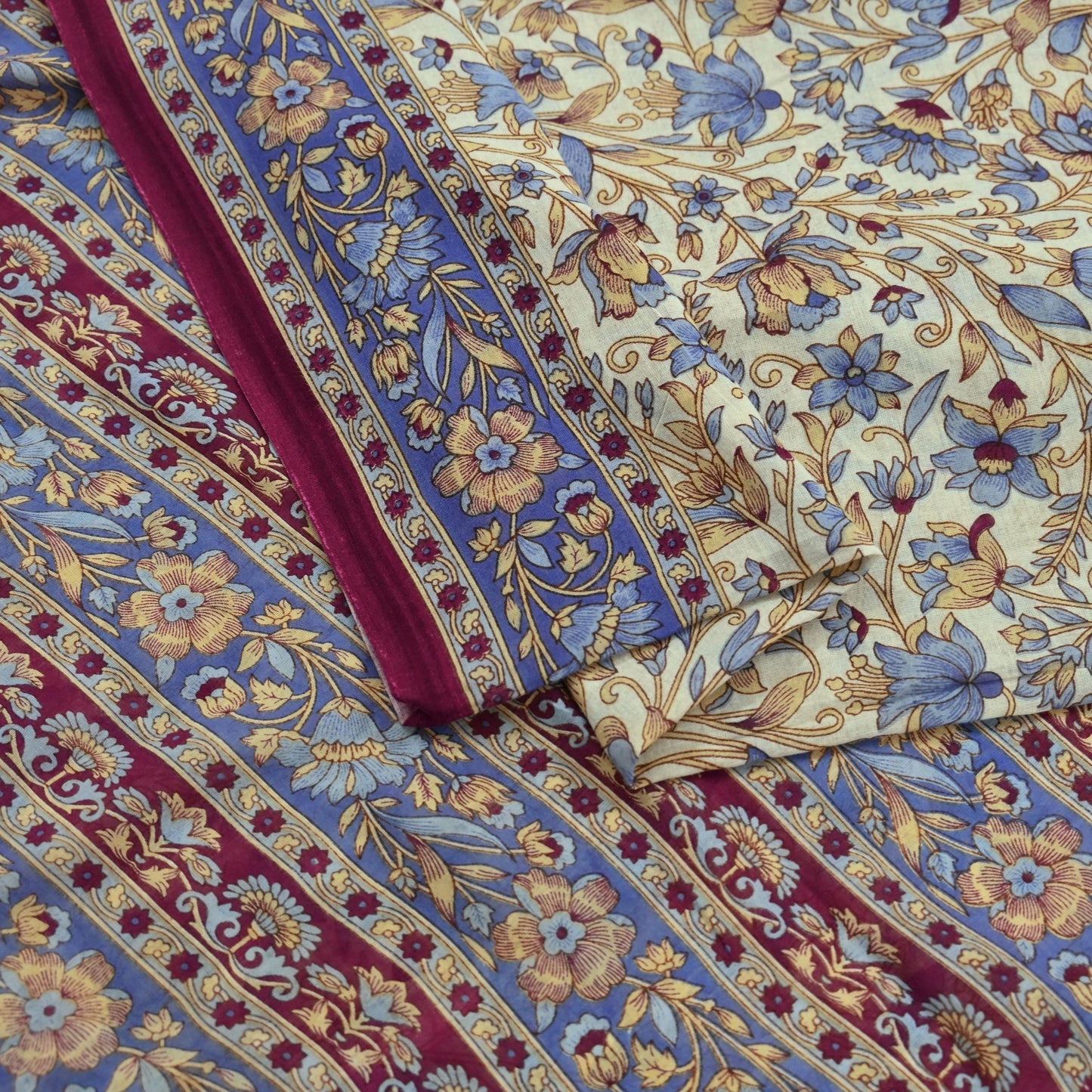 Indian Vintage Sari Ivory & Pink Printed Pure Cotton Saree Craft Fabric 5Yd Soft Sewing Sarong Wrap Boho Floral Dress making Crafting