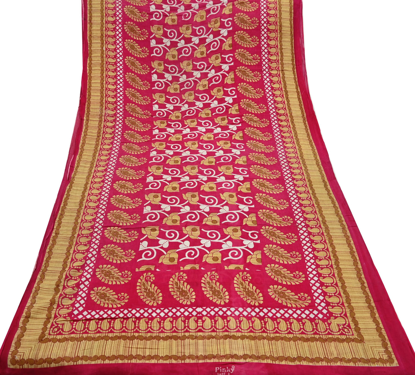 Indian Vintage Sari Pink Printed Pure Cotton Sarees 5Yd Craft Fabric Sewing Sarong Wrap Boho Upcycle quilting Dress making Crafting