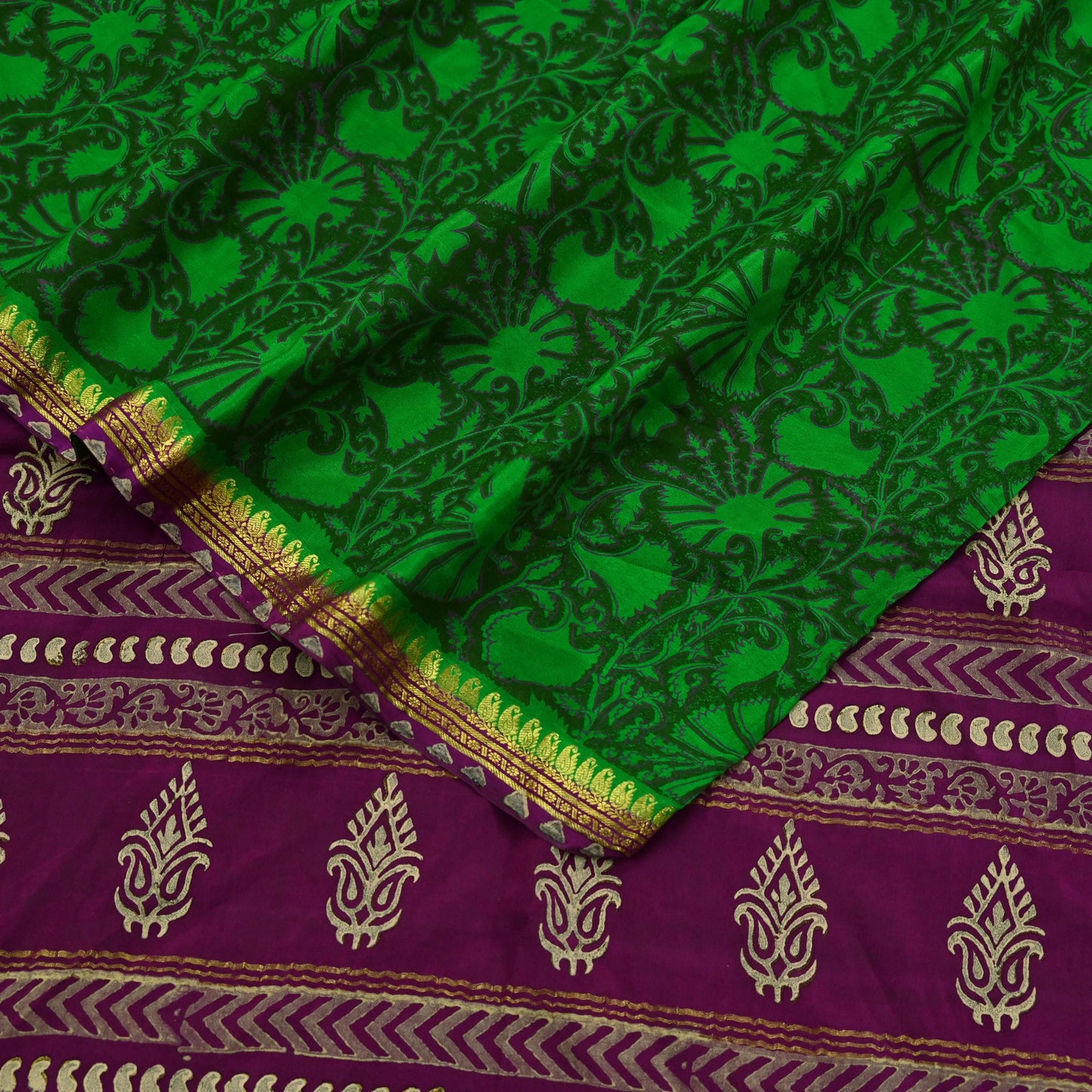 Indian Vintage Sari Green & Purple Pure Crepe Silk Hand Painted Saree 5yd Sewing Floral Craft Fabric Wrap Dress Making Quilting Crafting
