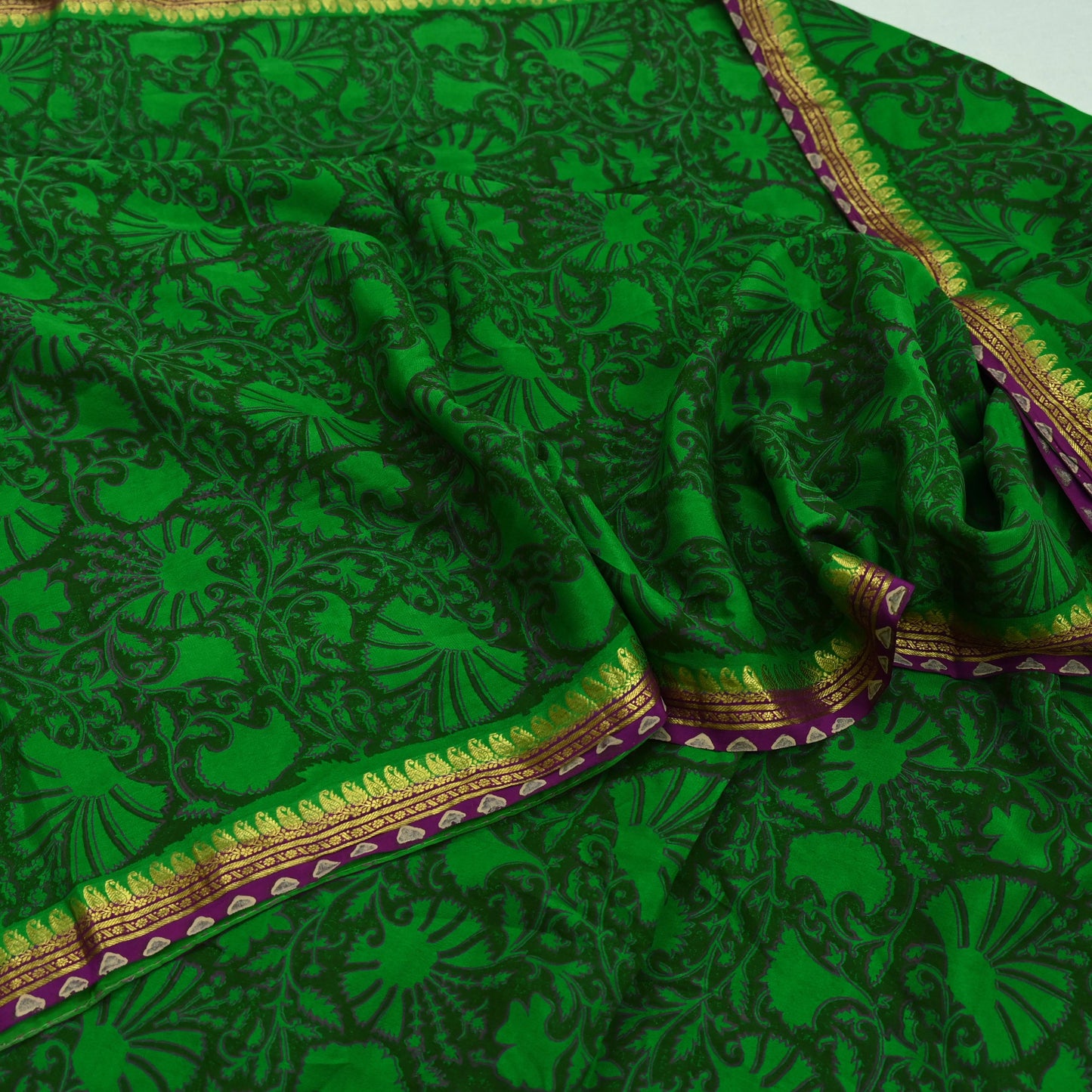 Indian Vintage Sari Green & Purple Pure Crepe Silk Hand Painted Saree 5yd Sewing Floral Craft Fabric Wrap Dress Making Quilting Crafting