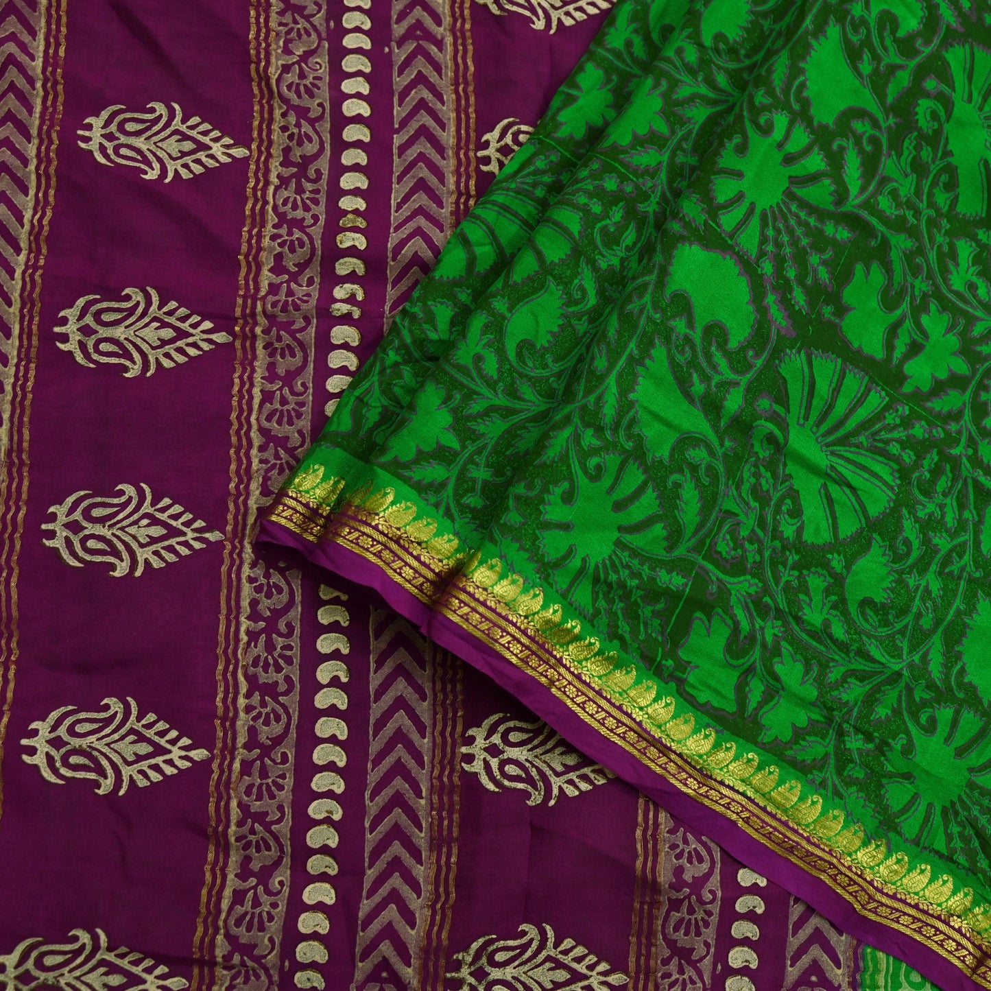 Indian Vintage Sari Green & Purple Pure Crepe Silk Hand Painted Saree 5yd Sewing Floral Craft Fabric Wrap Dress Making Quilting Crafting