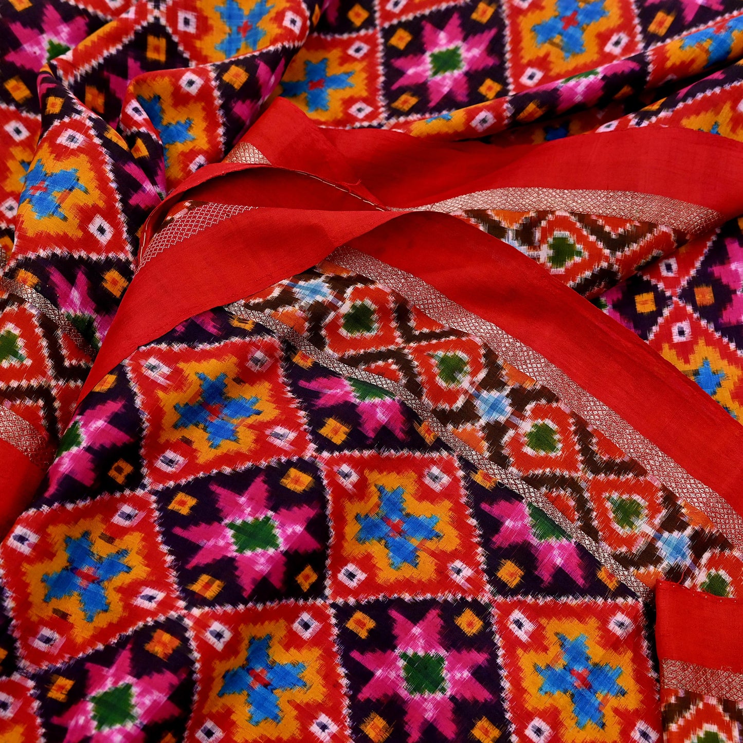 Indian Antique Vintage Red Sari Hand Woven Double Ikat Patola Sarees 100% Pure Silk Craft Fabric 5Yd Dress Making Sewing For wearing