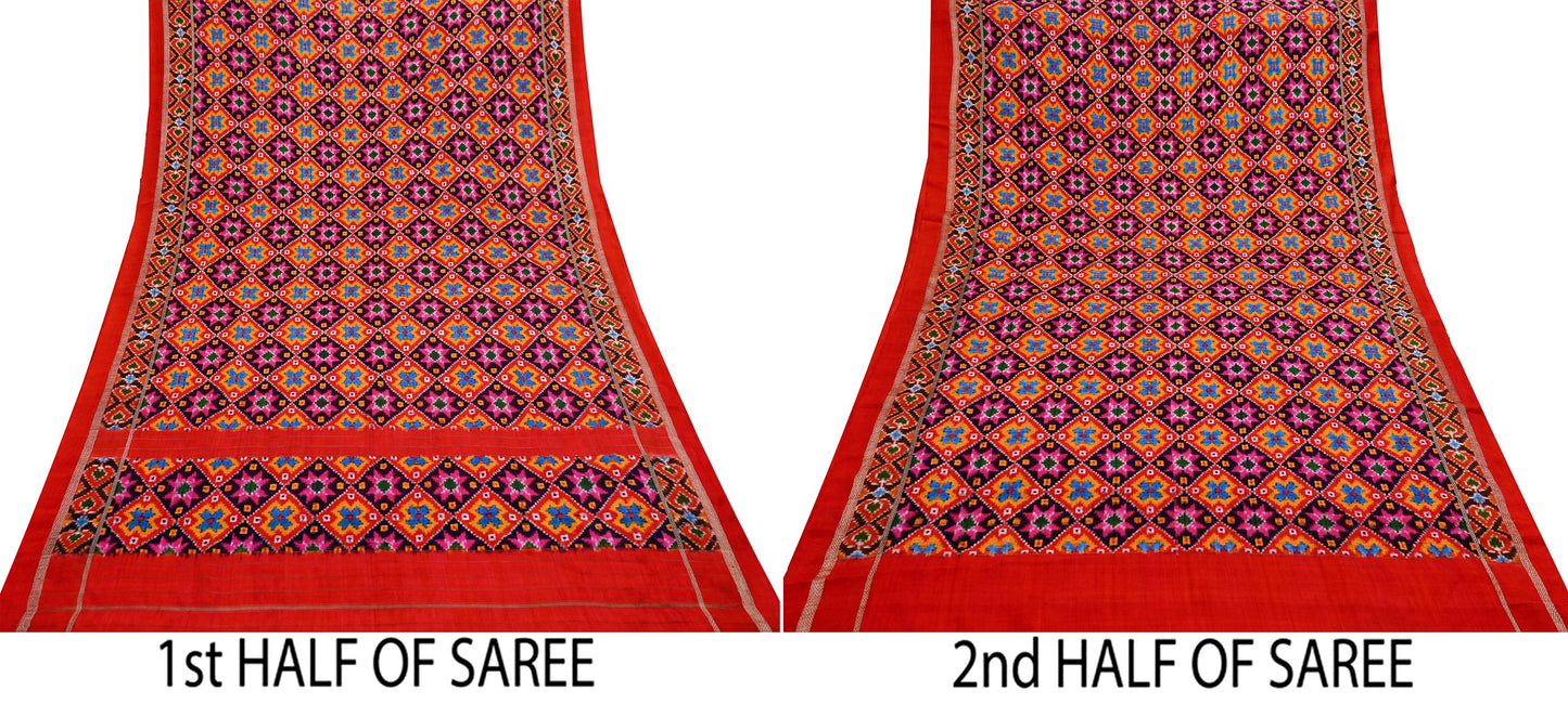 Indian Antique Vintage Red Sari Hand Woven Double Ikat Patola Sarees 100% Pure Silk Craft Fabric 5Yd Dress Making Sewing For wearing