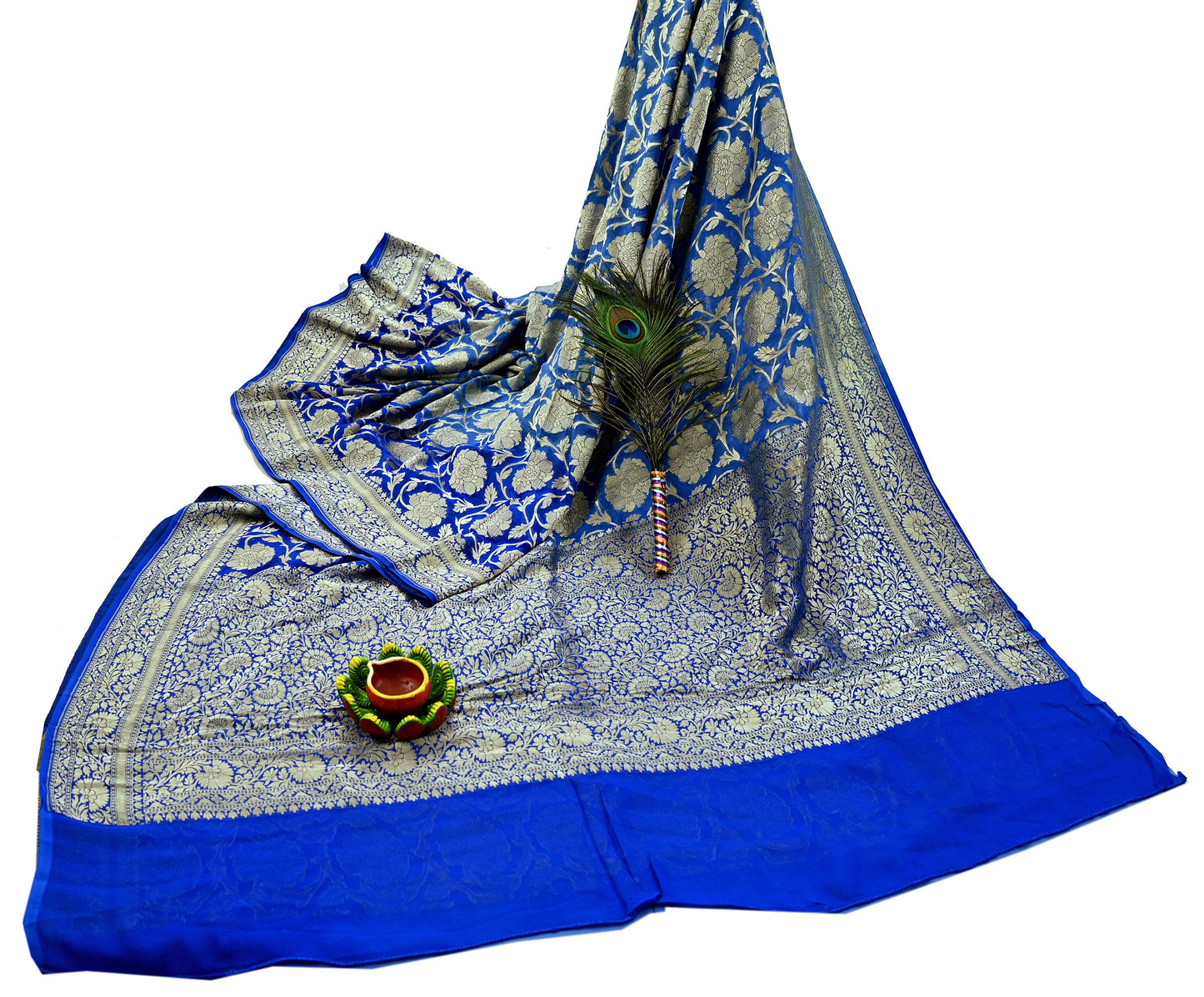 Vintage Heavy Blue Sarees Pure Georgette Silk Hand Woven Sari Craft Fabric 5Yd Sewing Soft Ethnic Zari Dress Making Wedding Sari