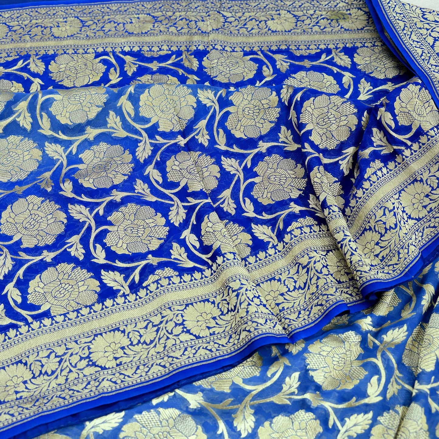 Vintage Heavy Blue Sarees Pure Georgette Silk Hand Woven Sari Craft Fabric 5Yd Sewing Soft Ethnic Zari Dress Making Wedding Sari