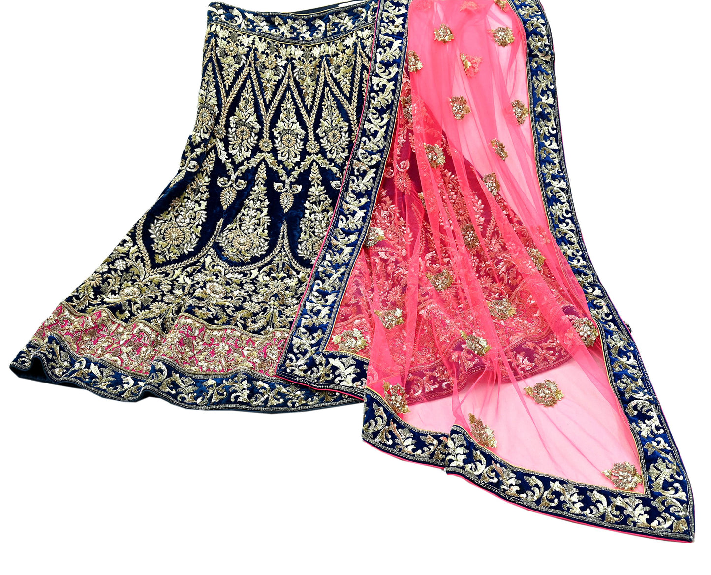Indian Pre-owned Heavy Wedding Blue & Pink Net/Mesh/ Velvet Hand Embroidered Lehenga/Dupatta Designer By Manish Malhotra Zardozi Bridal Wear