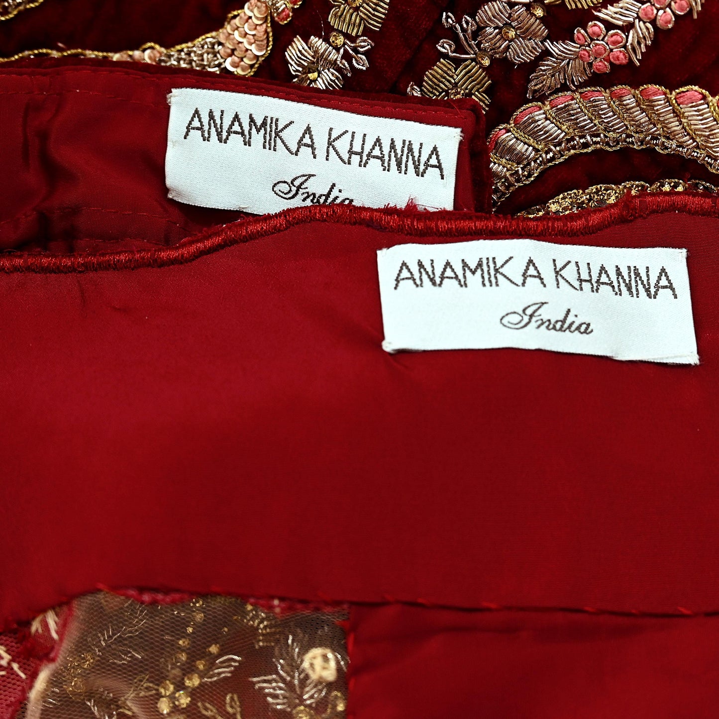Indian Pre-owned Heavy Wedding Maroon & Peach Net/Mesh/ Velvet Hand Embroidered Lehenga/Dupatta Designer By Anamika Khanna Bridal Wear