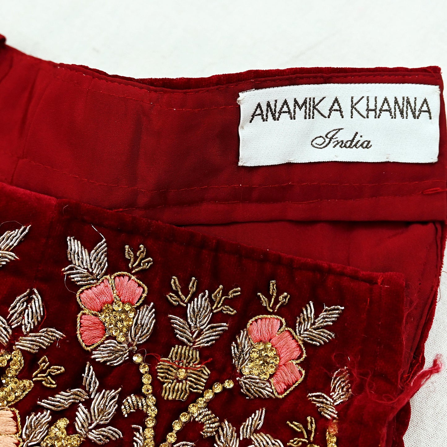 Indian Pre-owned Heavy Wedding Maroon Velvet Hand Embroidered Lehenga/Skirt Designer By Anamika Khanna Bridal Wear