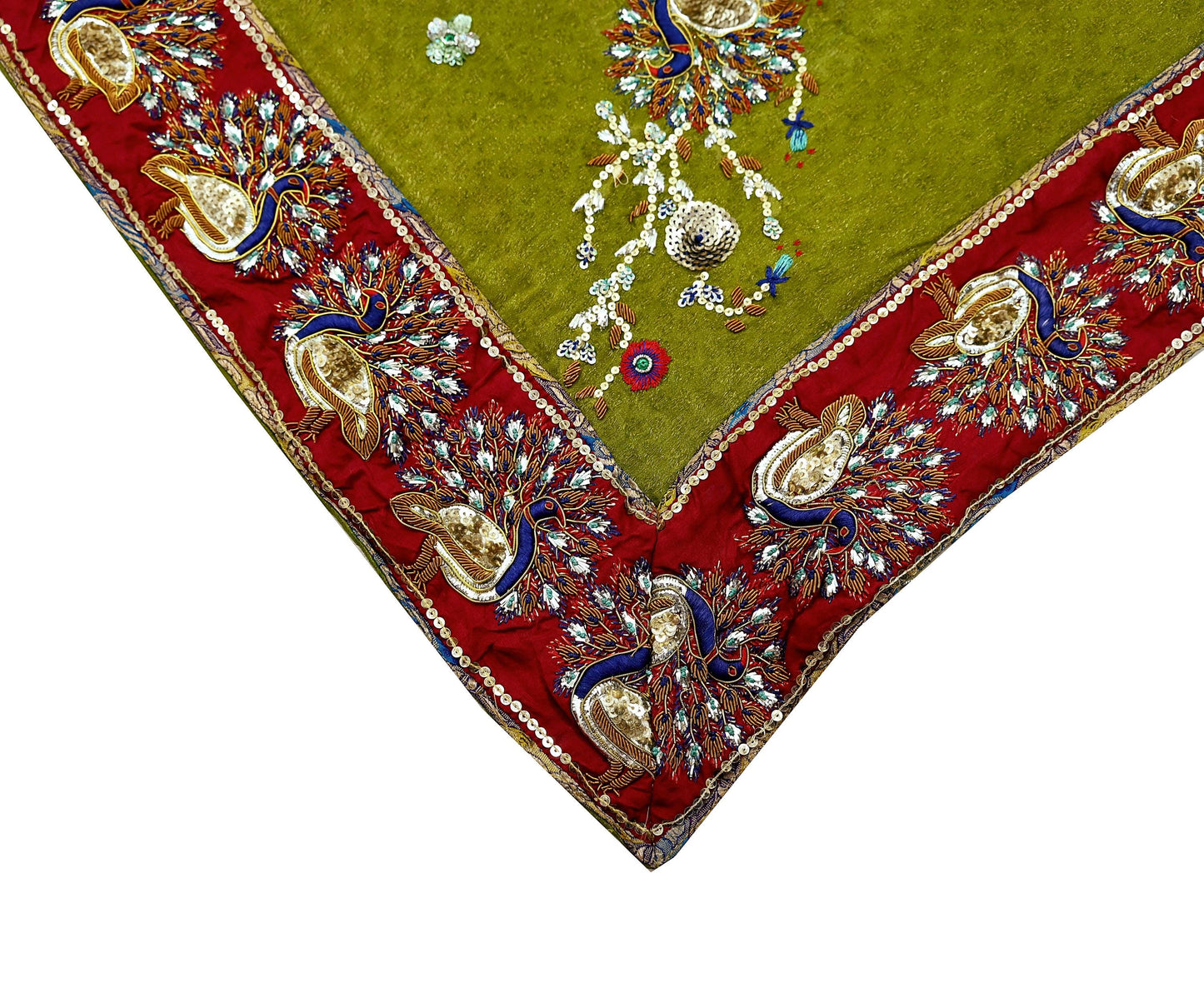 Indian Pre-owned Heavy Wedding Dupatta Green Long Stole Hand Embroidered Designer Sabyasachi Scarves Zardozi Bridal Veil Peacock Design