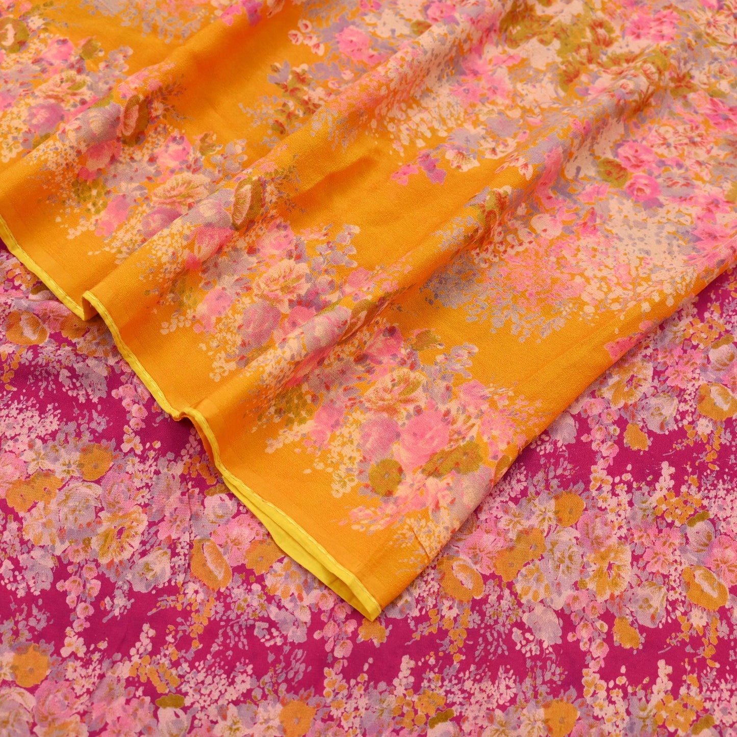 Indian Vintage Sari Saffron & Pink 100% Pure Silk Printed Sarees 5yd Sewing Craft Fabric DressMaking Soft Floral Quilting Crafting Upcycle