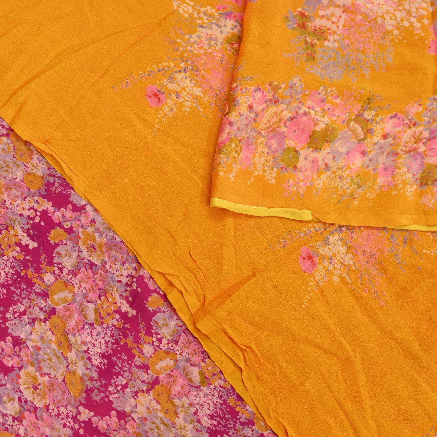 Indian Vintage Sari Saffron & Pink 100% Pure Silk Printed Sarees 5yd Sewing Craft Fabric DressMaking Soft Floral Quilting Crafting Upcycle