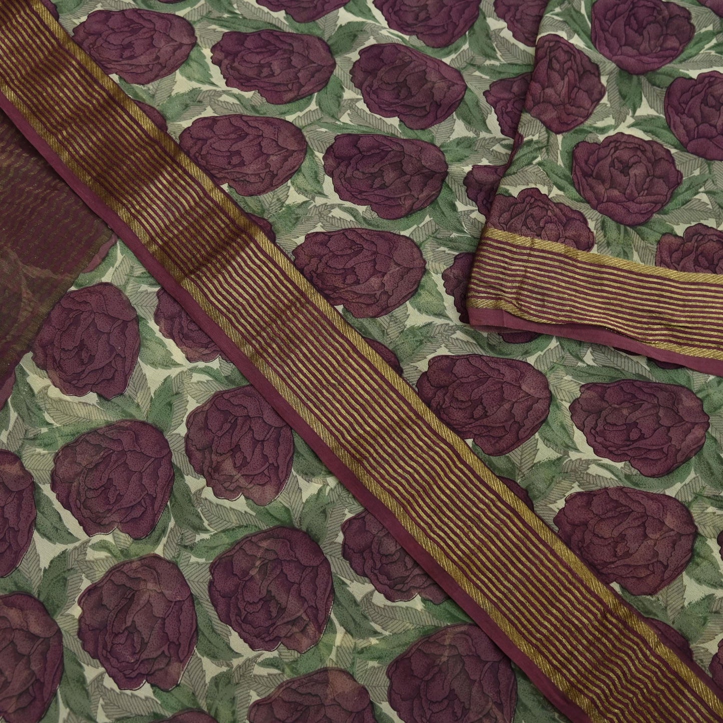 Women Vintage Sari Beige & Maroon Pure Georgette Silk Printed Saree Craft Fabric Sewing 5Yard Soft Light Dress Making Floral Zari