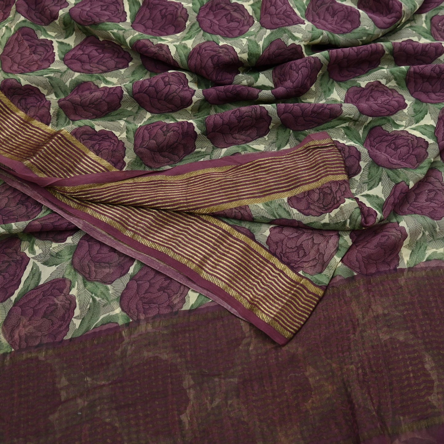 Women Vintage Sari Beige & Maroon Pure Georgette Silk Printed Saree Craft Fabric Sewing 5Yard Soft Light Dress Making Floral Zari
