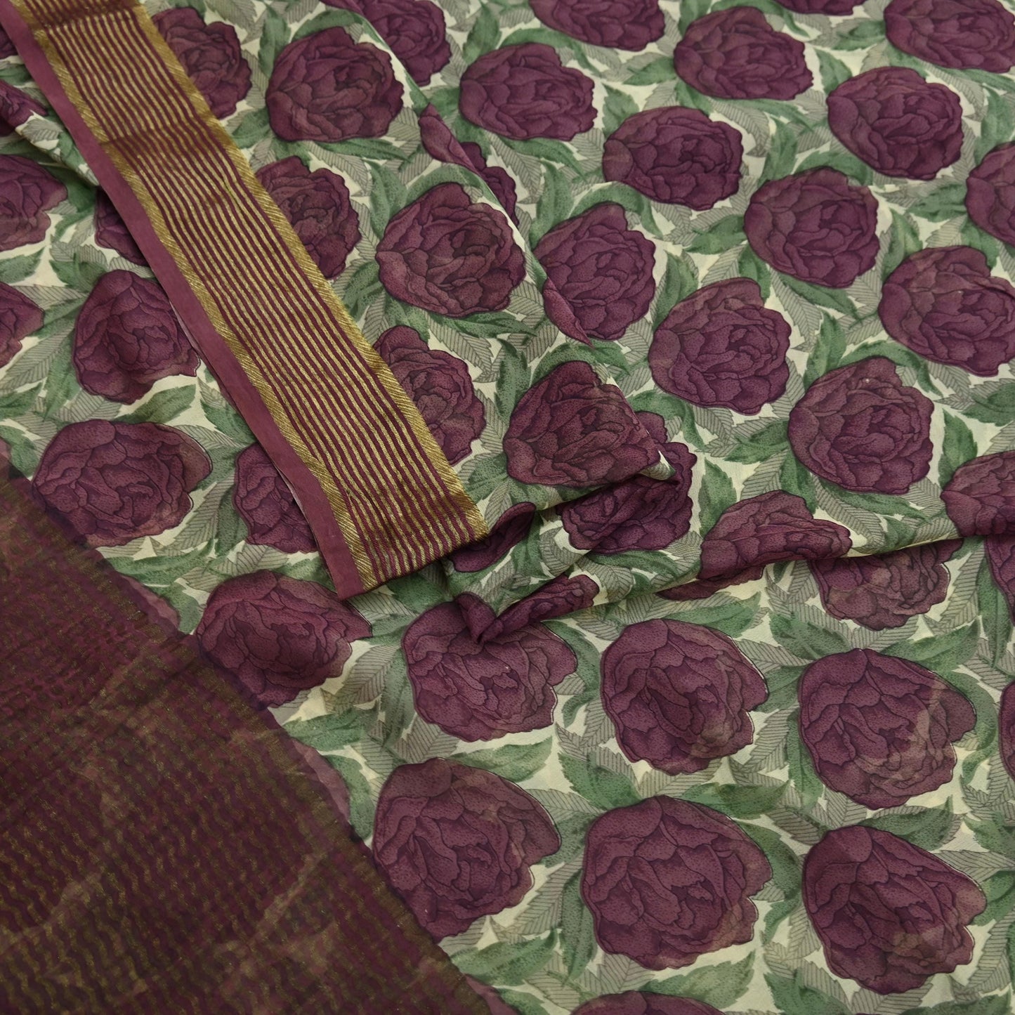 Women Vintage Sari Beige & Maroon Pure Georgette Silk Printed Saree Craft Fabric Sewing 5Yard Soft Light Dress Making Floral Zari