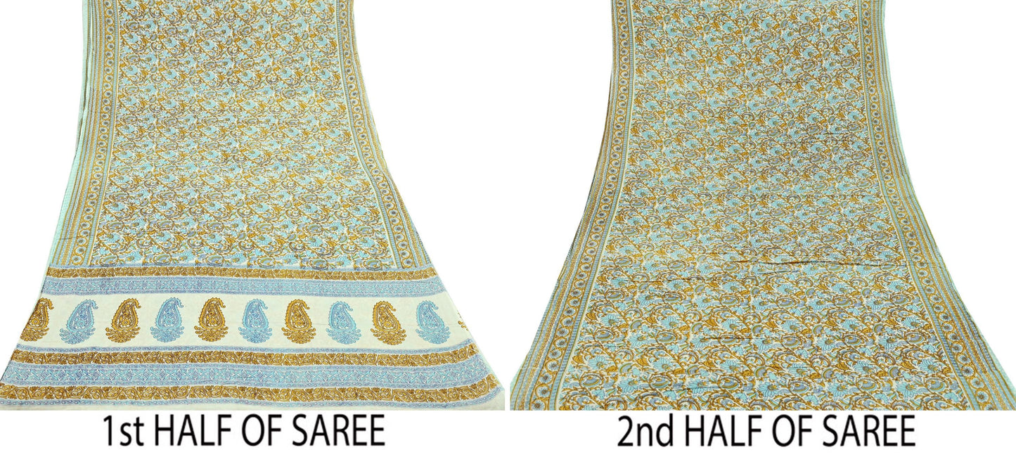 Indian Vintage Sari Ivory Block Printed Pure Cotton Sarees 5Yd Craft Fabric Sewing Sarong Wrap Boho Upcycle quilting Dress making