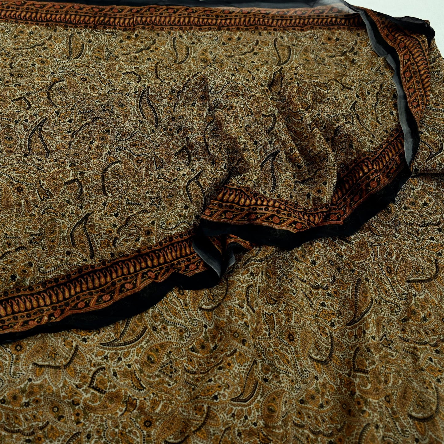 Indian Women Vintage Beige & Black Saree Pure Chiffon Silk Printed Sari Craft Fabric Sewing 5Yard Soft Light Sari Dress Making