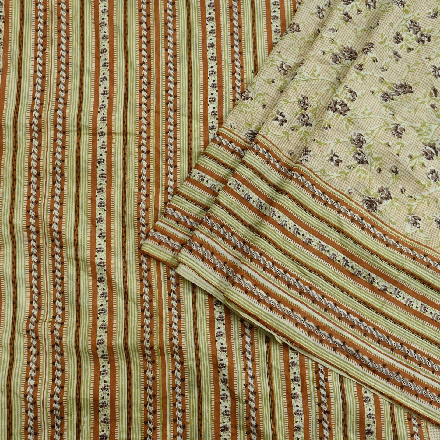 Indian Vintage Sari Ivory & Beige Pure Silk Printed Saree 5yd Sewing Paisley Craft Fabric DressMaking Soft Used Upcycled