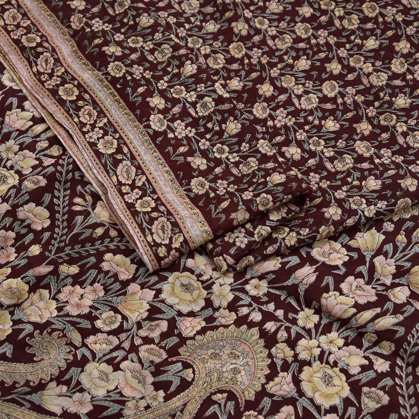 Indian Vintage Sari Maroon 100% Pure Silk Printed Sarees 6yd Craft Fabric Sewing Soft Dress Making Floral Quilting Crafting Upcycle Used