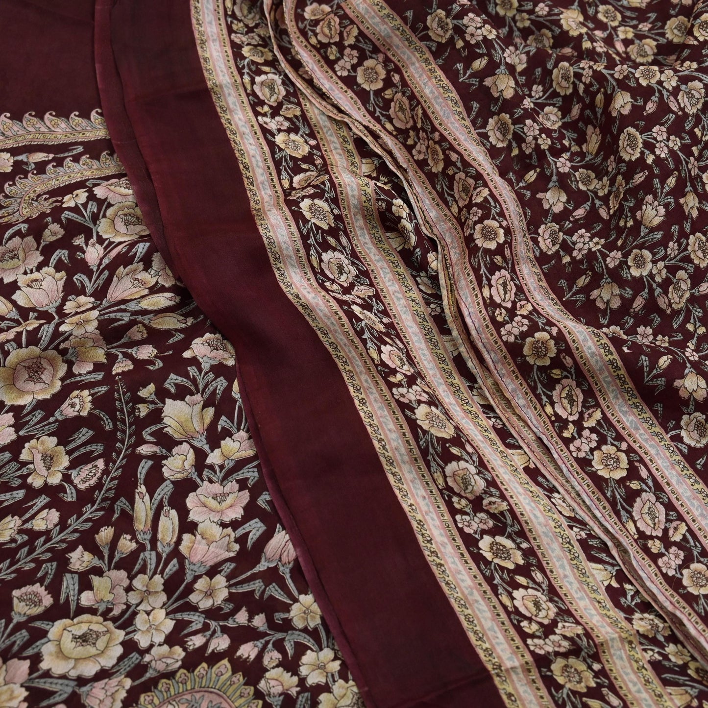 Indian Vintage Sari Maroon 100% Pure Silk Printed Sarees 6yd Craft Fabric Sewing Soft Dress Making Floral Quilting Crafting Upcycle Used