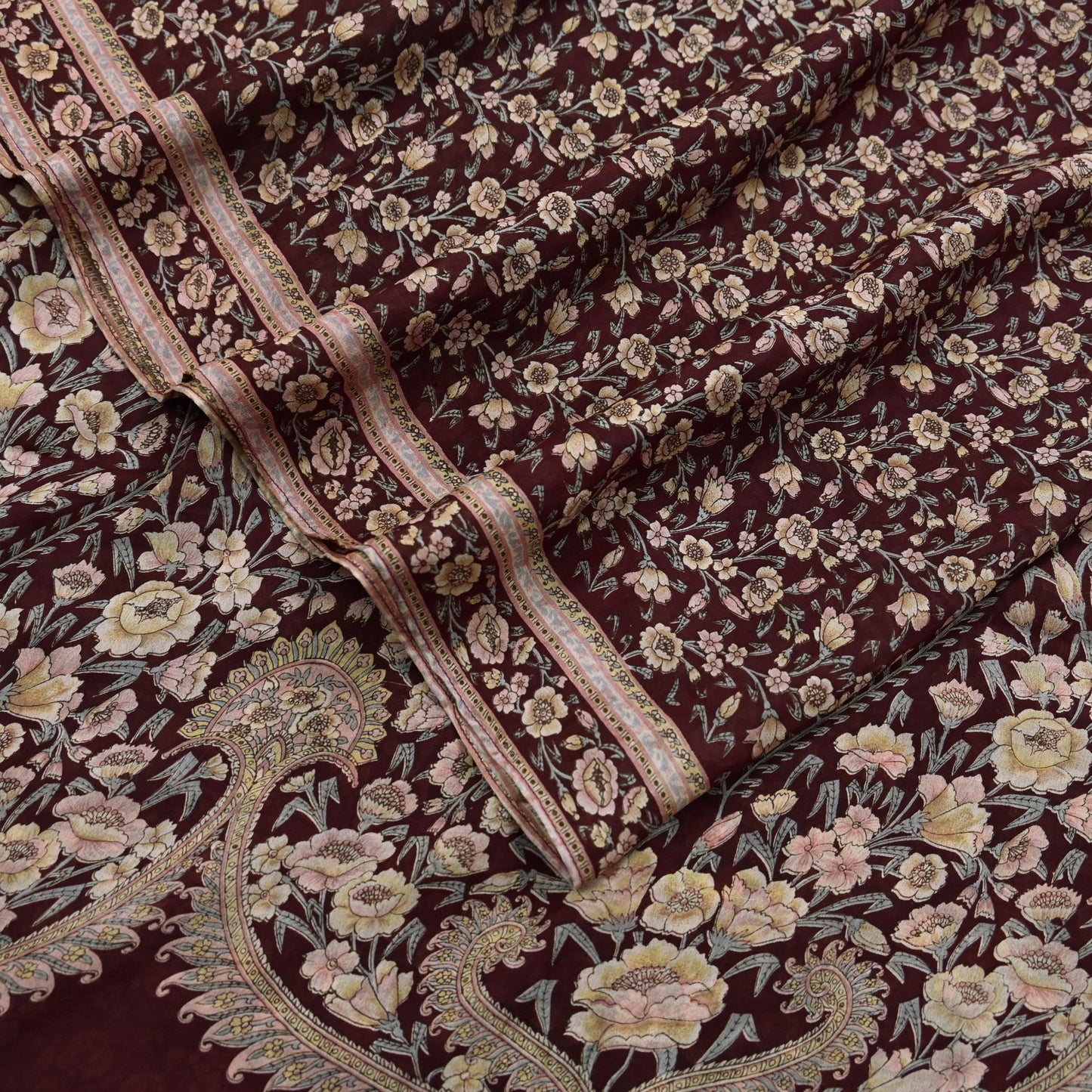 Indian Vintage Sari Maroon 100% Pure Silk Printed Sarees 6yd Craft Fabric Sewing Soft Dress Making Floral Quilting Crafting Upcycle Used