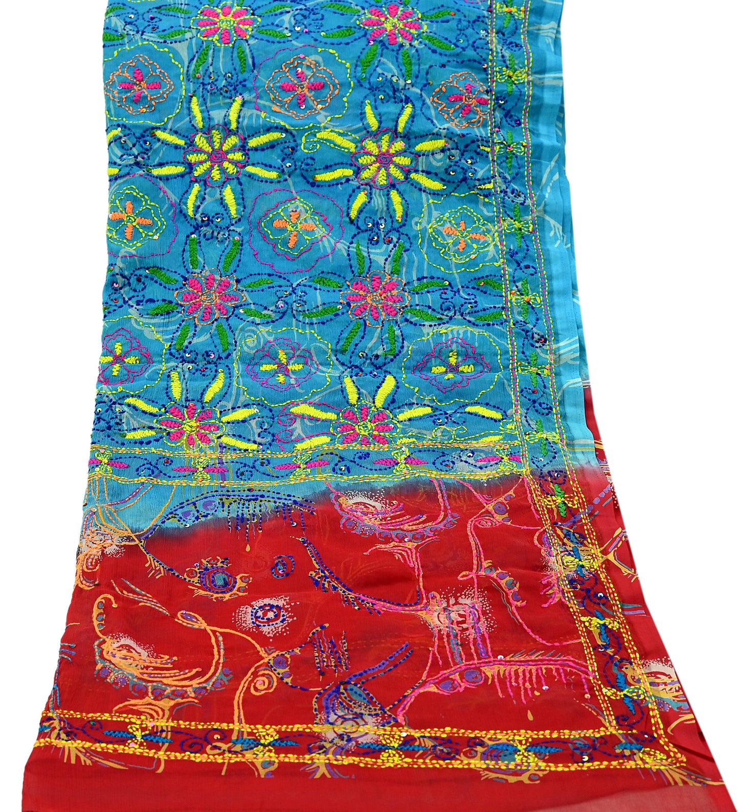Indian Vintage Dupatta Blue & red Long Stole Hand Embroidered kantha stole Georgette Scarves Veil Wrap Soft Floral Sequins