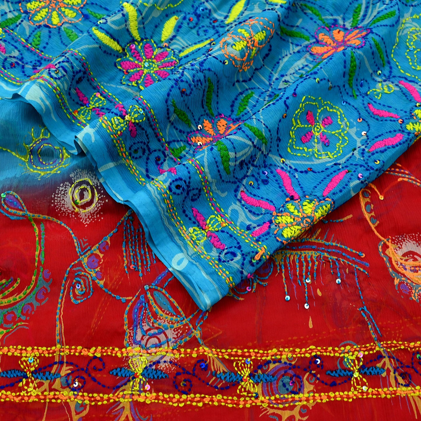 Indian Vintage Dupatta Blue & red Long Stole Hand Embroidered kantha stole Georgette Scarves Veil Wrap Soft Floral Sequins
