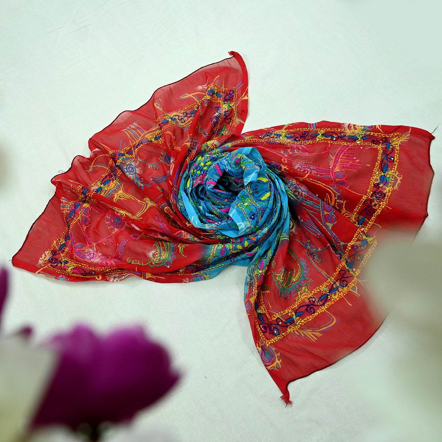 Indian Vintage Dupatta Blue & red Long Stole Hand Embroidered kantha stole Georgette Scarves Veil Wrap Soft Floral Sequins