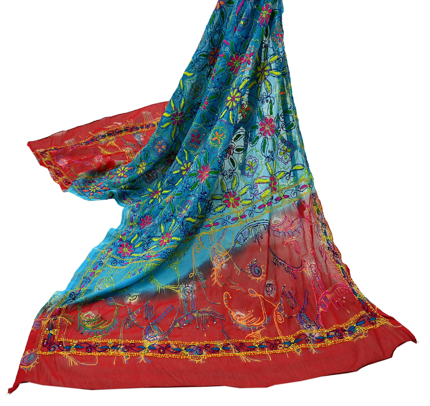 Indian Vintage Dupatta Blue & red Long Stole Hand Embroidered kantha stole Georgette Scarves Veil Wrap Soft Floral Sequins