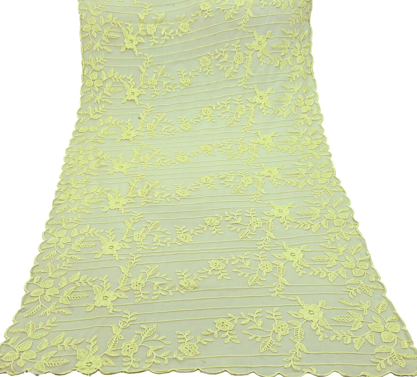 Indian Vintage Dupatta Yellow Long Stole Organza Hand Embroidered Indian Scarves Veil Zari Soft Floral Design