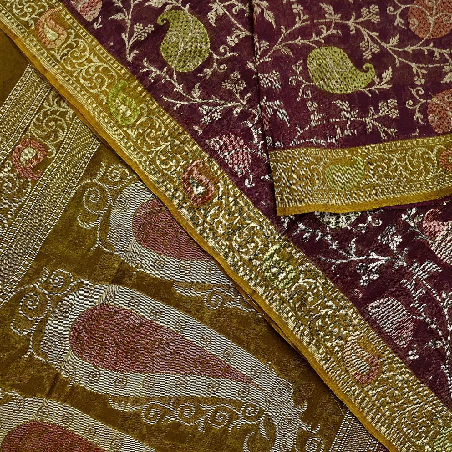 Indian Vintage Sari Green & maroon Hand Woven 100% Pure Organza Silk Saree Craft Fabric 5Yd Dress Making Crafting Quilting Upcycle Fringes